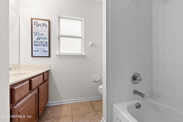 bathroom featuring shower / bathtub combination, tile patterned flooring, toilet, vanity, and baseboards