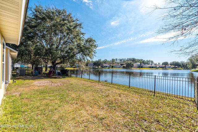 view of yard featuring a water view and a fenced backyard