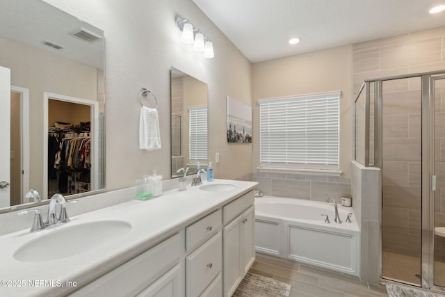 bathroom with a sink, a walk in closet, and visible vents