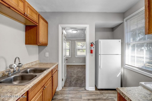 kitchen with white fridge, light hardwood / wood-style floors, and sink