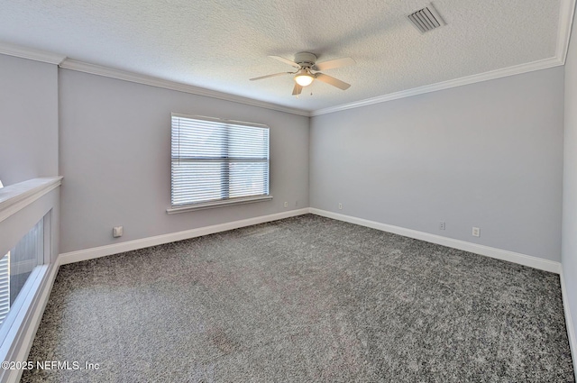 empty room featuring crown molding, carpet floors, a textured ceiling, and ceiling fan