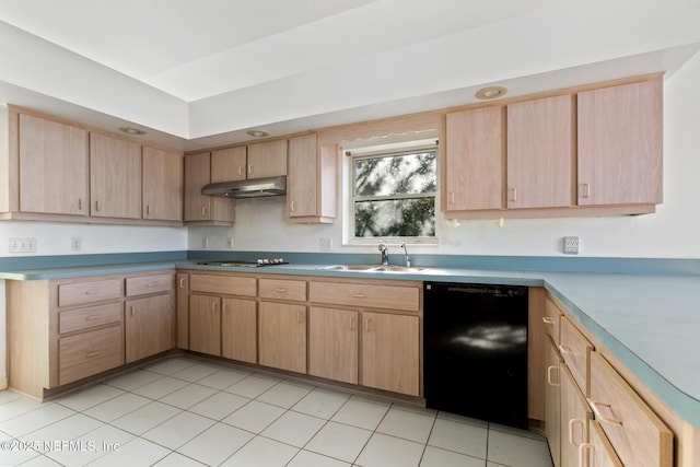 kitchen featuring light brown cabinets, sink, and black appliances