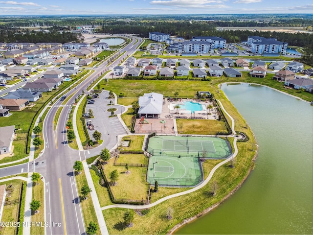 drone / aerial view featuring a water view