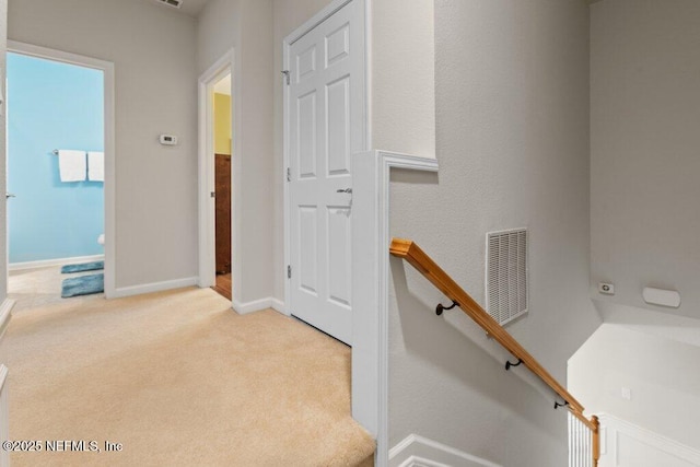 stairs featuring carpet flooring