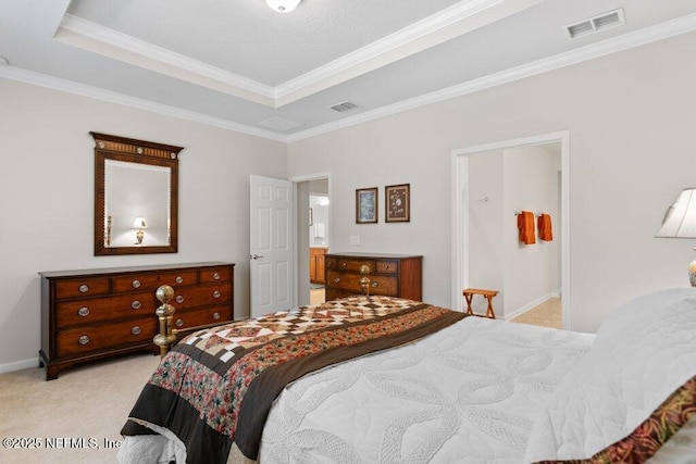 carpeted bedroom featuring ornamental molding and a raised ceiling