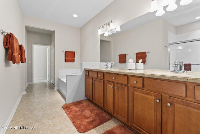 bathroom with separate shower and tub and vanity