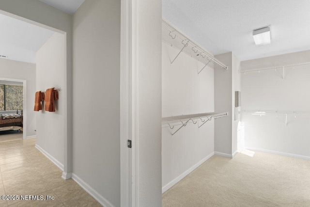 walk in closet with light carpet