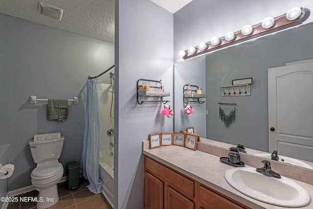 full bathroom with shower / bath combo, tile patterned flooring, a textured ceiling, toilet, and vanity