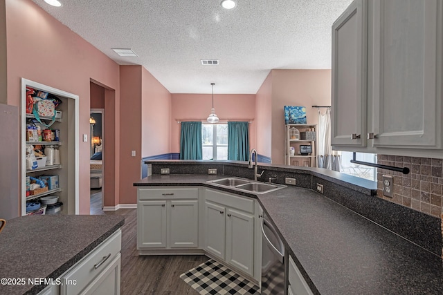 kitchen featuring backsplash, stainless steel dishwasher, a textured ceiling, dark wood-type flooring, and sink