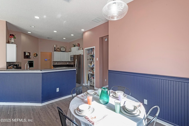 dining space with sink, dark wood-type flooring, and a textured ceiling