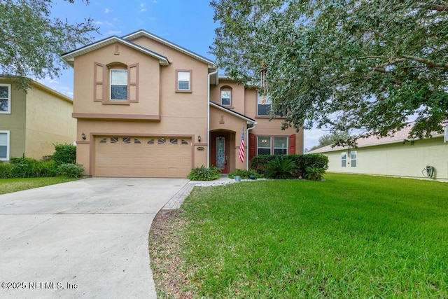 view of front of property with a front lawn and a garage