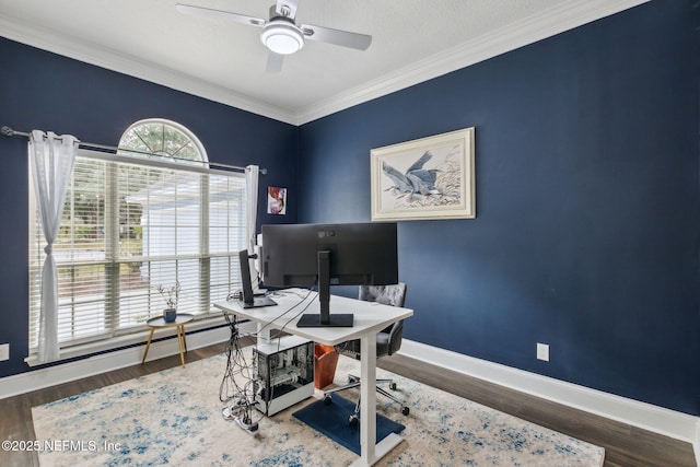 office with dark hardwood / wood-style floors, ceiling fan, ornamental molding, and a baseboard radiator