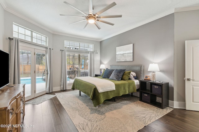 bedroom with access to exterior, ceiling fan, crown molding, and dark wood-type flooring