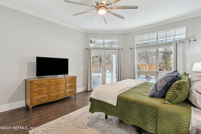 bedroom featuring access to outside, french doors, ceiling fan, dark hardwood / wood-style floors, and ornamental molding