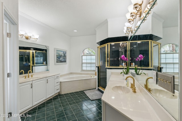 bathroom with tile patterned flooring, vanity, and shower with separate bathtub