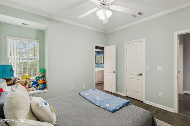 bedroom featuring connected bathroom, ceiling fan, dark hardwood / wood-style flooring, and ornamental molding