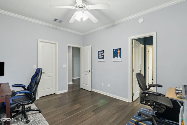 home office featuring ornamental molding, ceiling fan, and dark wood-type flooring