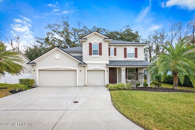 view of front of property with a front yard and a garage