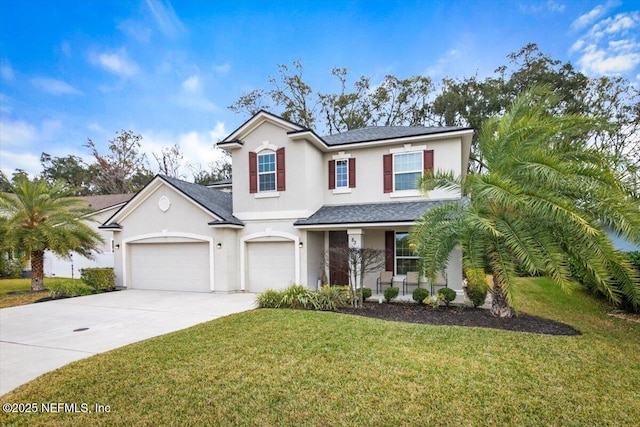 view of front of property with a front yard and a garage