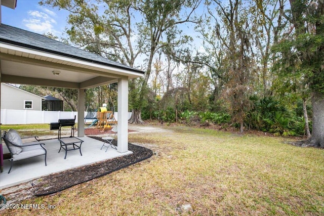 view of yard featuring a patio area and a playground