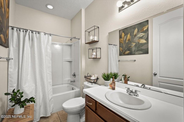 full bathroom with tile patterned flooring, shower / bath combination with curtain, a textured ceiling, toilet, and vanity