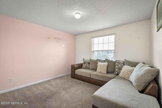 living room featuring carpet and a textured ceiling