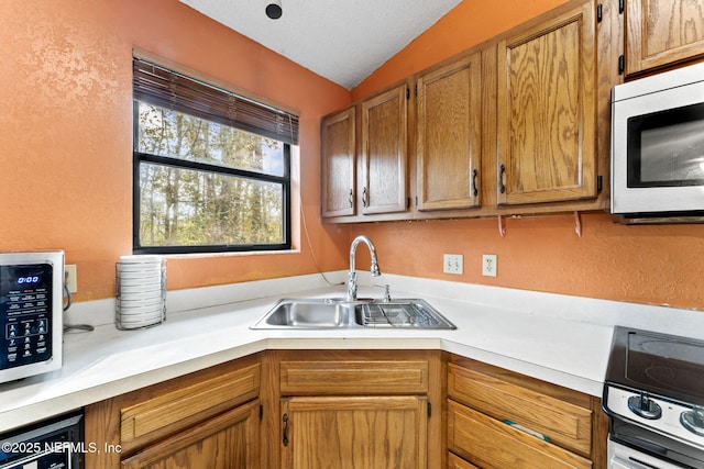 kitchen with sink, stainless steel appliances, and lofted ceiling