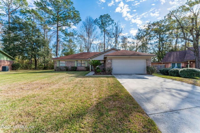 ranch-style home with a front yard, a garage, and central air condition unit