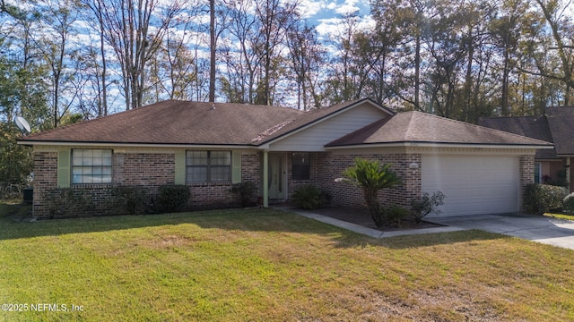 ranch-style home featuring a front lawn and a garage