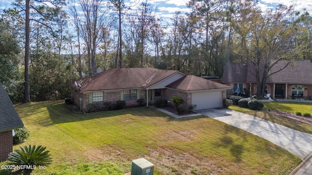 single story home featuring a front lawn and a garage