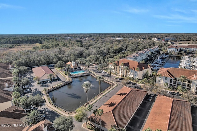 drone / aerial view with a water view