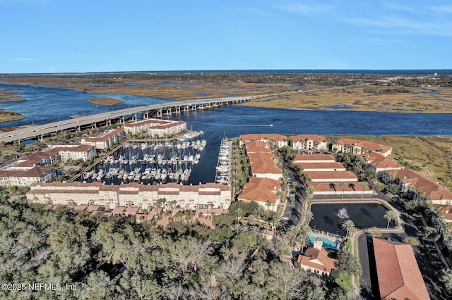 bird's eye view with a water view