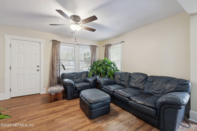 living room with ceiling fan and hardwood / wood-style floors