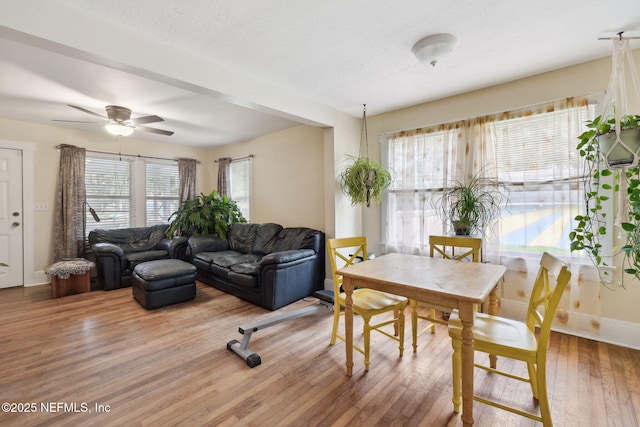 living room with hardwood / wood-style flooring, a textured ceiling, ceiling fan, and a healthy amount of sunlight