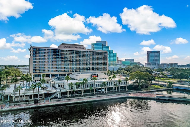 drone / aerial view with a water view