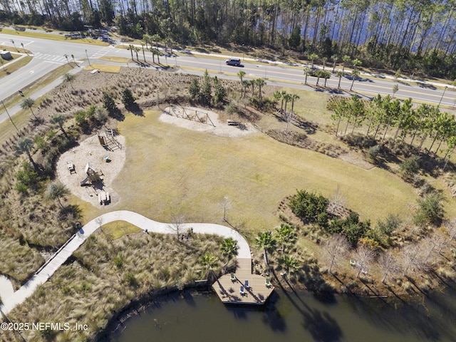 drone / aerial view with a water view