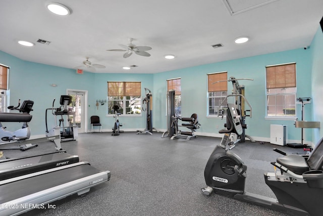 exercise room featuring ceiling fan