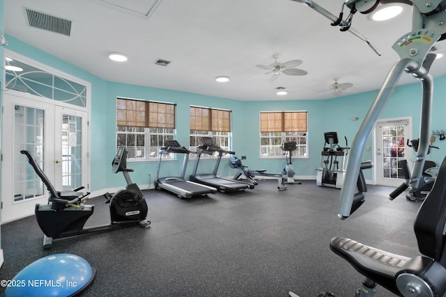 workout area featuring french doors and ceiling fan