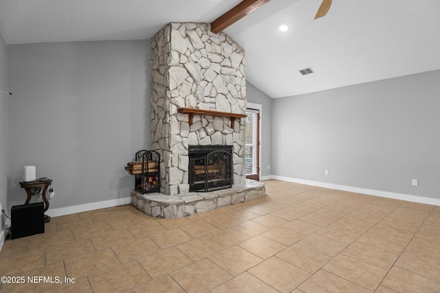 unfurnished living room with a fireplace, lofted ceiling with beams, and ceiling fan