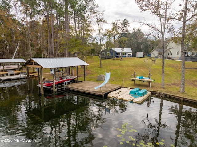 dock area featuring a yard and a water view