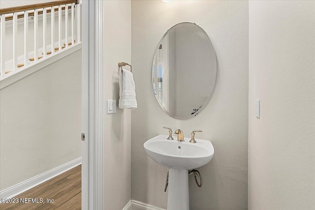 bathroom with hardwood / wood-style floors