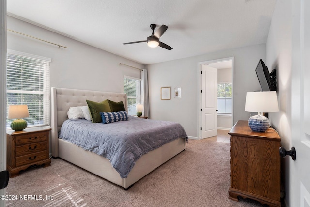 bedroom with carpet, ceiling fan, and multiple windows