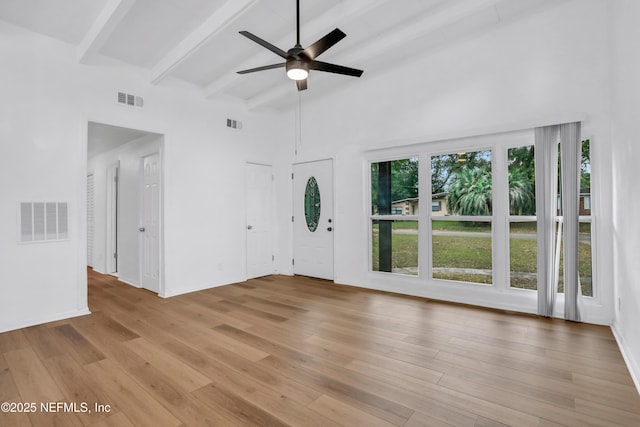 unfurnished living room featuring ceiling fan, light hardwood / wood-style flooring, beamed ceiling, and high vaulted ceiling