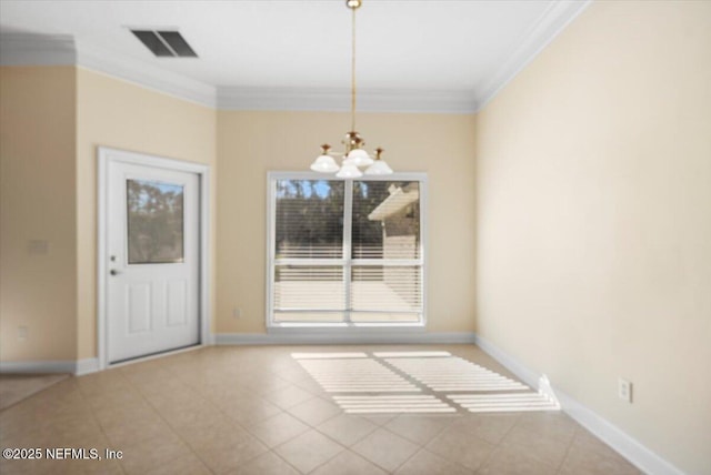 unfurnished dining area featuring crown molding and an inviting chandelier