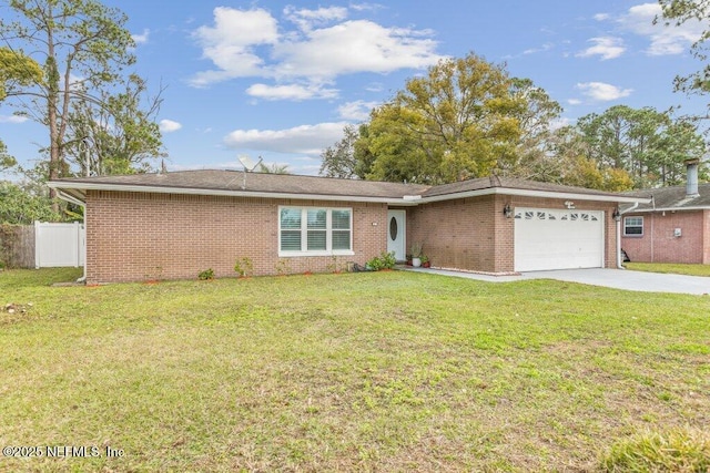 ranch-style home with a front yard and a garage