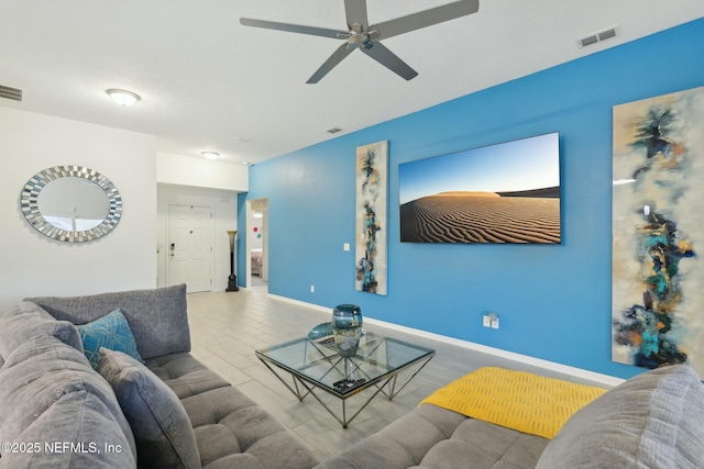 living room featuring ceiling fan