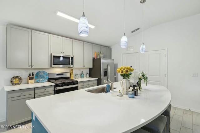 kitchen with sink, a center island with sink, and stainless steel appliances