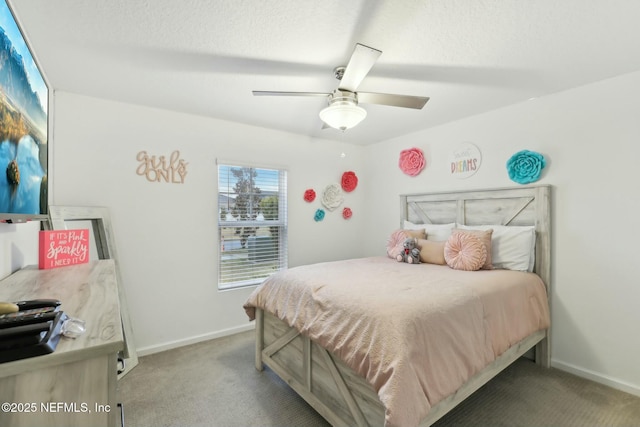 bedroom with ceiling fan and light colored carpet