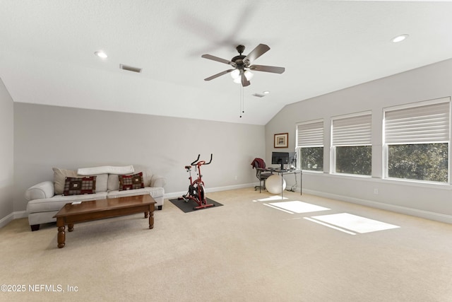 sitting room featuring light carpet, ceiling fan, and lofted ceiling