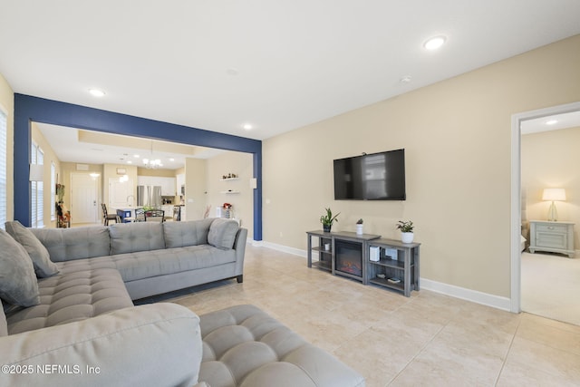 living room with light tile patterned flooring